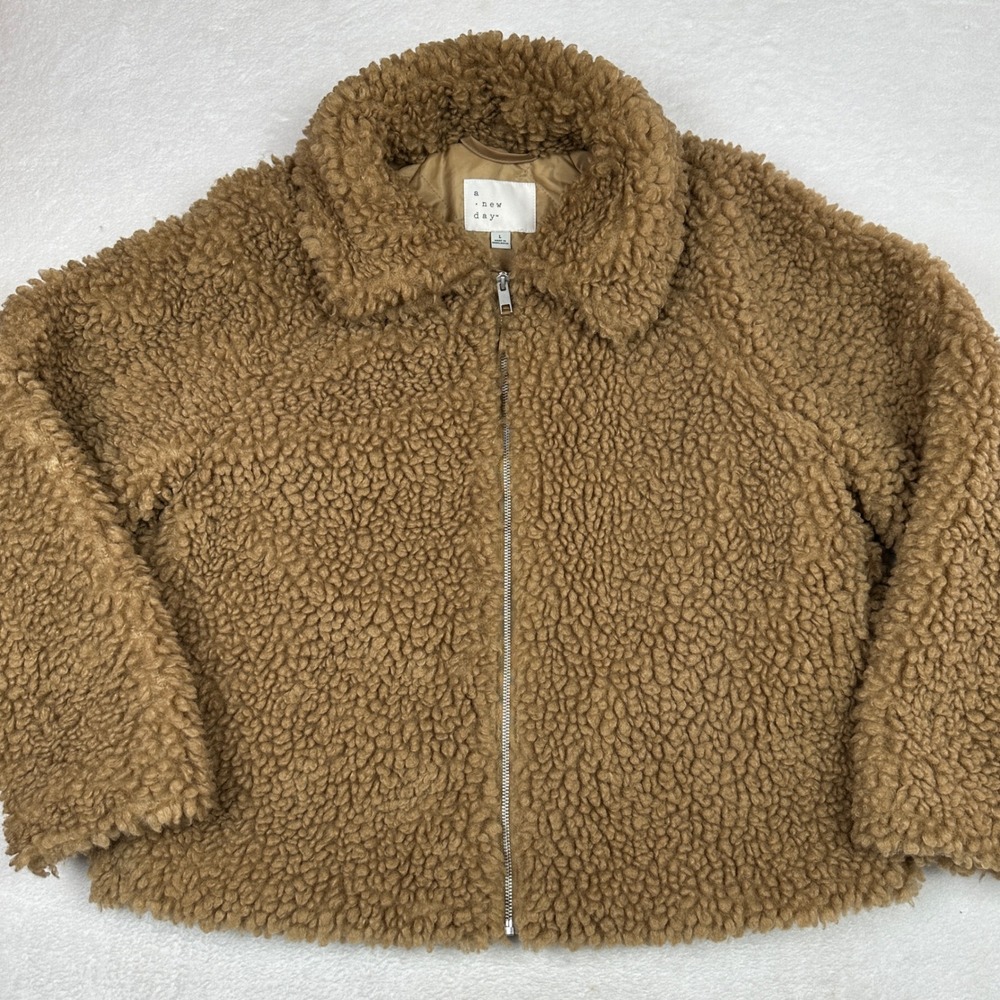A New Day Womens Faux Fur Sherpa Teddy Jacket Brown Full Zip RN17730 Large
